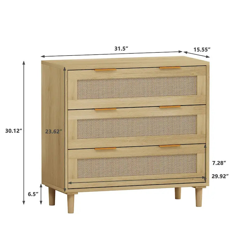 Oak 3-drawers Rattan Storage Cabinet - 31.5L x 15.55W x 30.12H