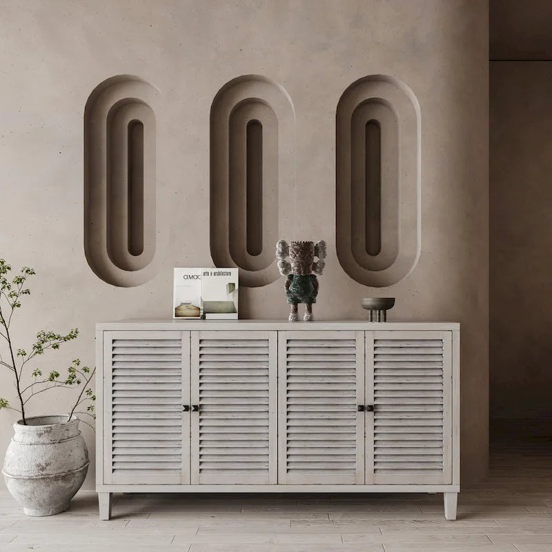 60-in Farmhouse Natural Wood Wash 4 Shutter Door Wooden Sideboard Buffet Server Accent Storage Cabinet