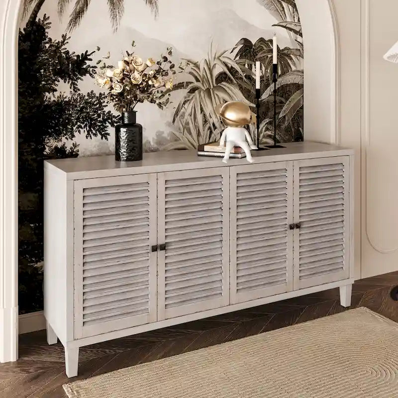 60-in Farmhouse Natural Wood Wash 4 Shutter Door Wooden Sideboard Buffet Server Accent Storage Cabinet