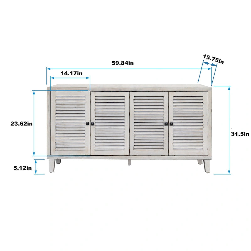 60-in Farmhouse Natural Wood Wash 4 Shutter Door Wooden Sideboard Buffet Server Accent Storage Cabinet