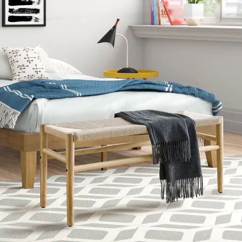 Mieres Boho Style Solid Wood Bench with Woven Rope Seat, Mid-Century Modern Indoor Ottoman with Rubber Wood Legs for Home Office