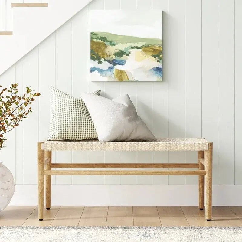 Mieres Boho Style Solid Wood Bench with Woven Rope Seat, Mid-Century Modern Indoor Ottoman with Rubber Wood Legs for Home Office