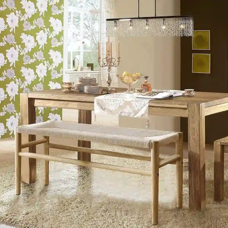 Mieres Boho Style Solid Wood Bench with Woven Rope Seat, Mid-Century Modern Indoor Ottoman with Rubber Wood Legs for Home Office