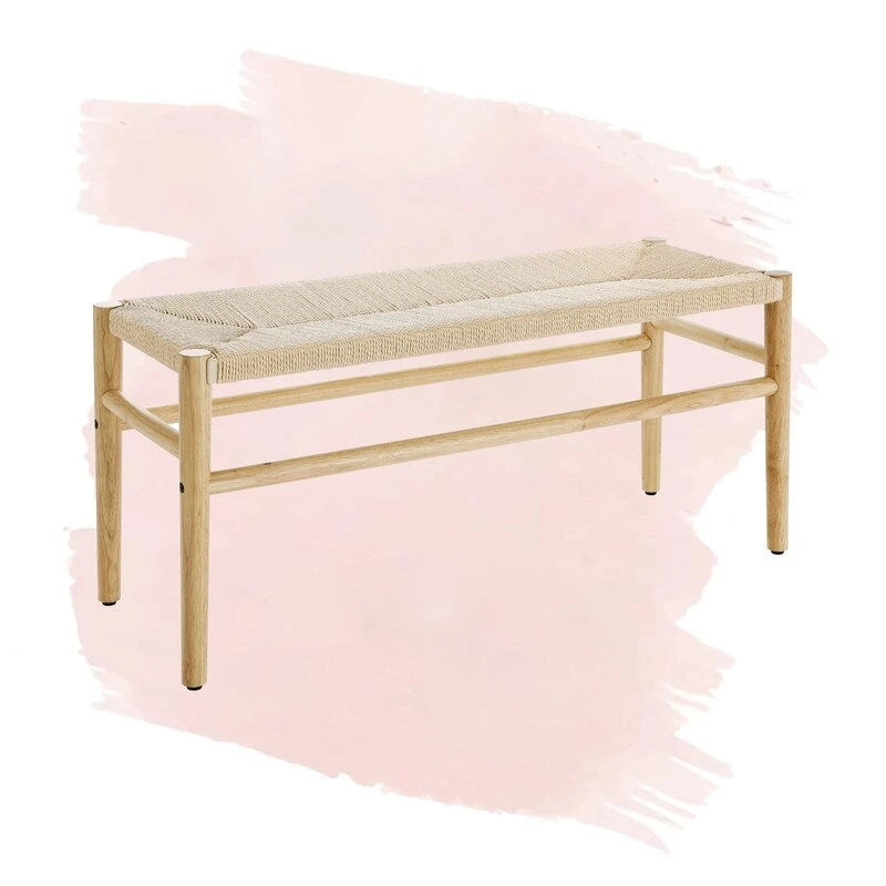 Mieres Boho Style Solid Wood Bench with Woven Rope Seat, Mid-Century Modern Indoor Ottoman with Rubber Wood Legs for Home Office