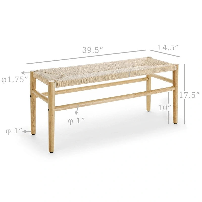 Mieres Boho Style Solid Wood Bench with Woven Rope Seat, Mid-Century Modern Indoor Ottoman with Rubber Wood Legs for Home Office