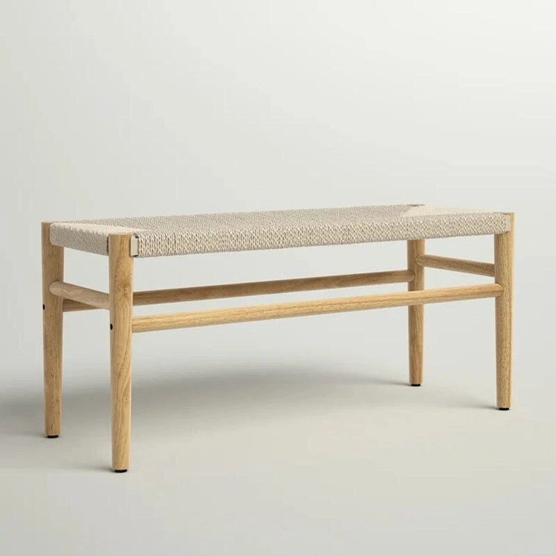 Mieres Boho Style Solid Wood Bench with Woven Rope Seat, Mid-Century Modern Indoor Ottoman with Rubber Wood Legs for Home Office