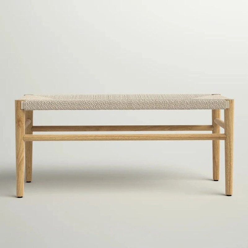 Mieres Boho Style Solid Wood Bench with Woven Rope Seat, Mid-Century Modern Indoor Ottoman with Rubber Wood Legs for Home Office