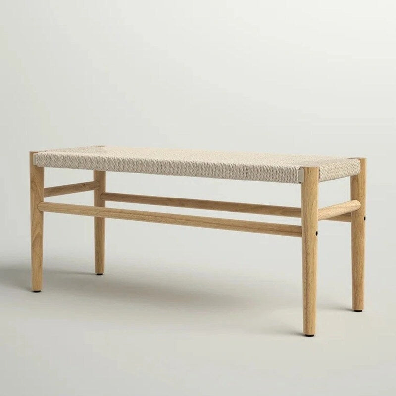 Mieres Boho Style Solid Wood Bench with Woven Rope Seat, Mid-Century Modern Indoor Ottoman with Rubber Wood Legs for Home Office
