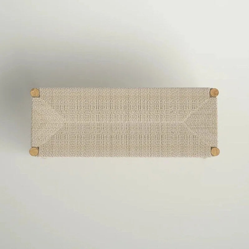 Mieres Boho Style Solid Wood Bench with Woven Rope Seat, Mid-Century Modern Indoor Ottoman with Rubber Wood Legs for Home Office