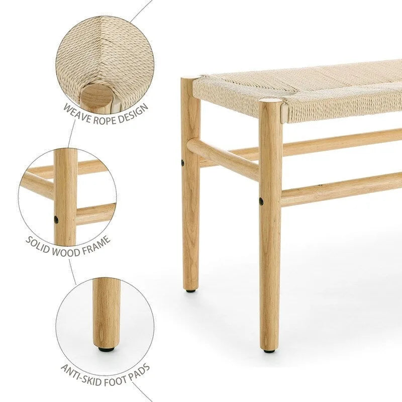 Mieres Boho Style Solid Wood Bench with Woven Rope Seat, Mid-Century Modern Indoor Ottoman with Rubber Wood Legs for Home Office