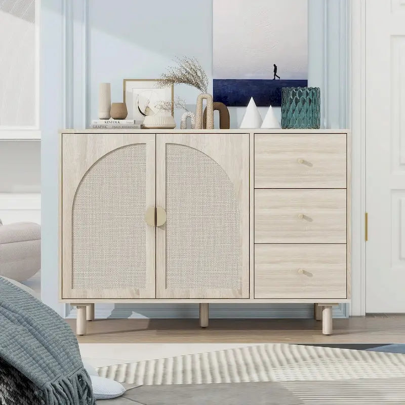 2 Doors Rattan Storage Cabinet with Adjustable Shelves and 3 Drawers