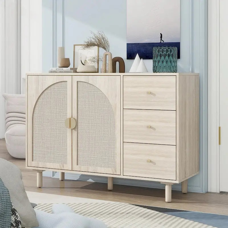 2 Doors Rattan Storage Cabinet with Adjustable Shelves and 3 Drawers