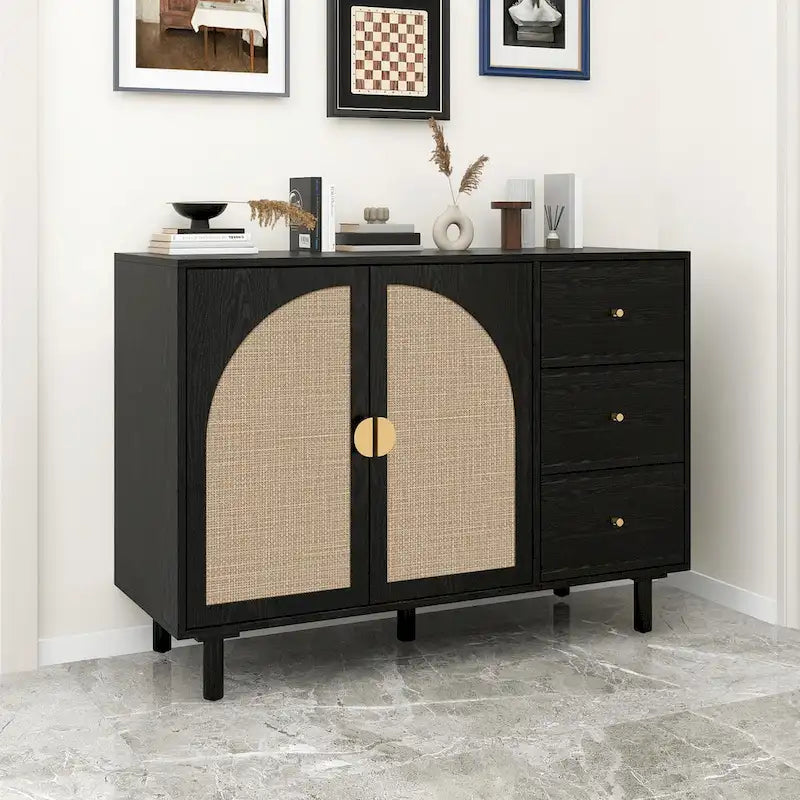 2 Doors Rattan Storage Cabinet with Adjustable Shelves and 3 Drawers