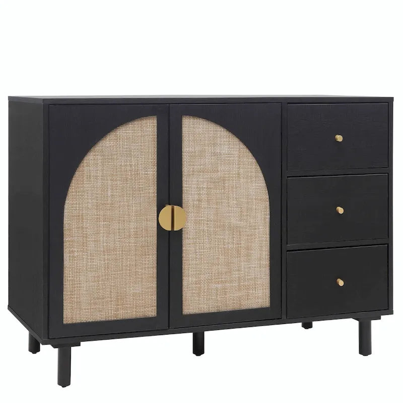 2 Doors Rattan Storage Cabinet with Adjustable Shelves and 3 Drawers