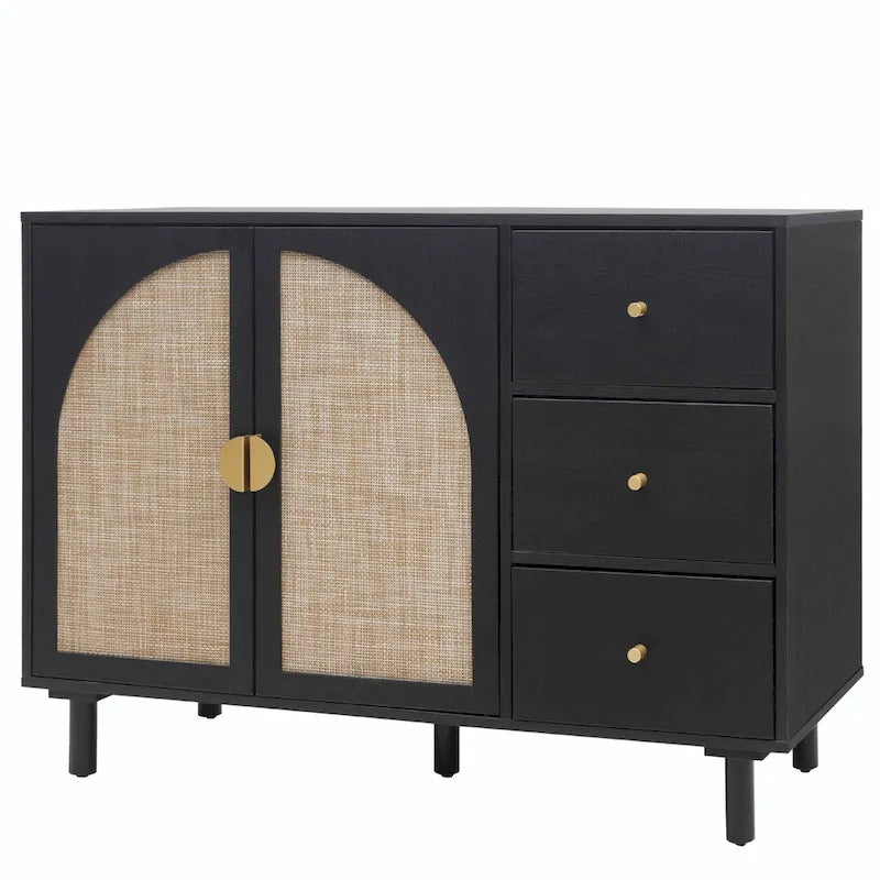 2 Doors Rattan Storage Cabinet with Adjustable Shelves and 3 Drawers