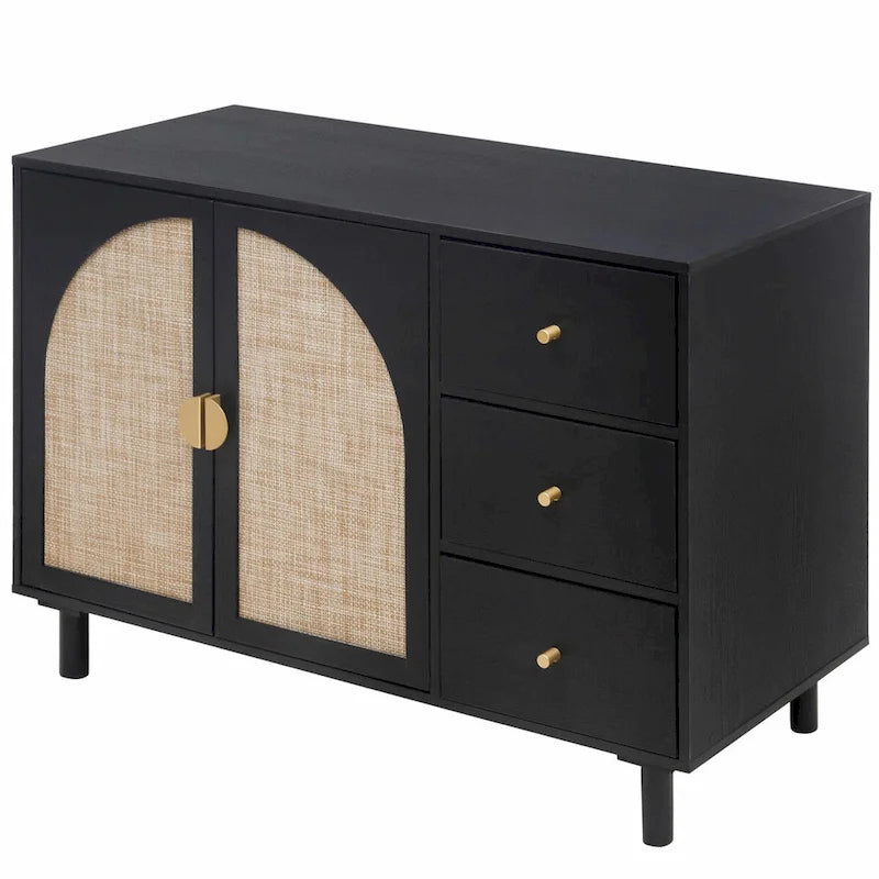 2 Doors Rattan Storage Cabinet with Adjustable Shelves and 3 Drawers