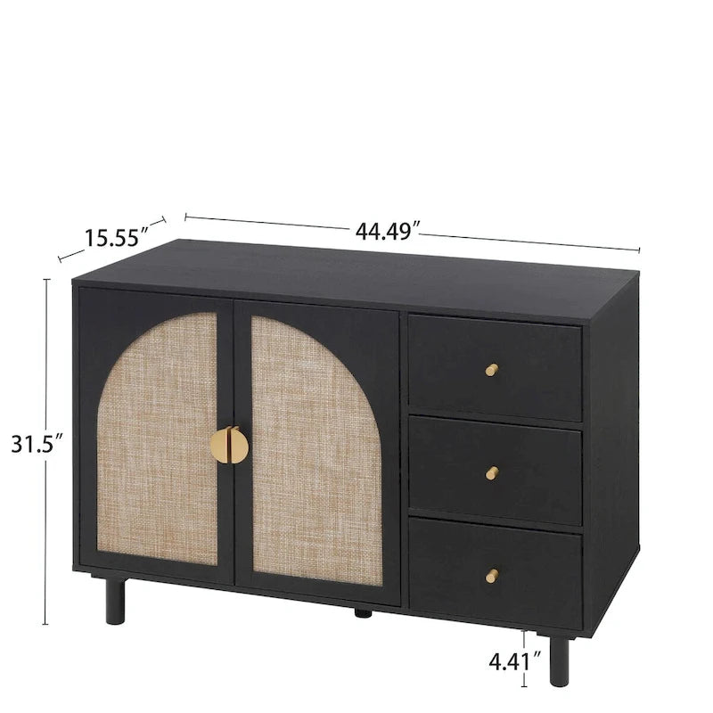 2 Doors Rattan Storage Cabinet with Adjustable Shelves and 3 Drawers