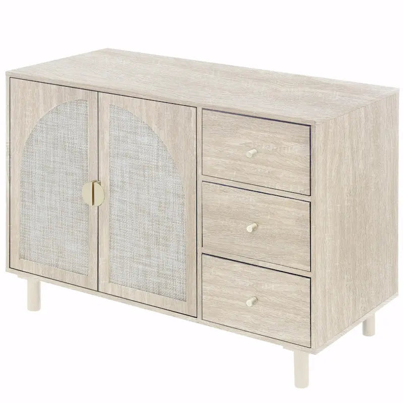 2 Doors Rattan Storage Cabinet with Adjustable Shelves and 3 Drawers