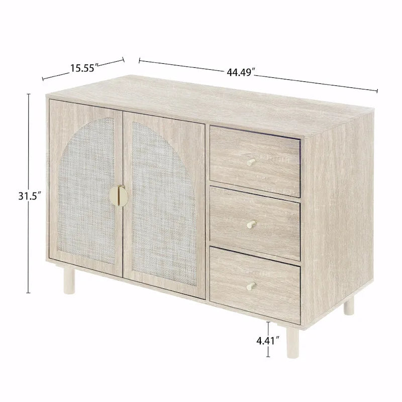 2 Doors Rattan Storage Cabinet with Adjustable Shelves and 3 Drawers