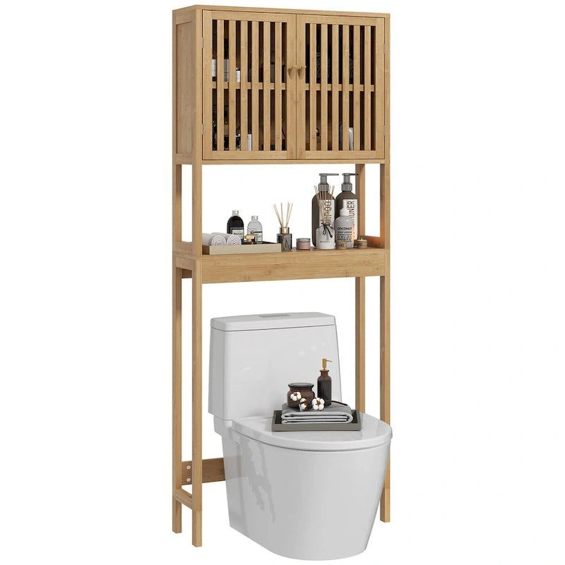 HOMCOM Bamboo Over the Toilet Storage Cabinet, Over Toilet Bathroom Organizer with Slatted Doors, Adjustable Shelf