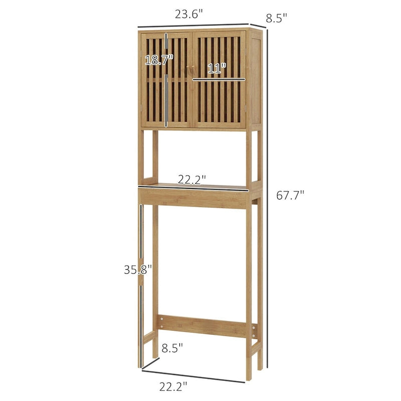 HOMCOM Bamboo Over the Toilet Storage Cabinet, Over Toilet Bathroom Organizer with Slatted Doors, Adjustable Shelf