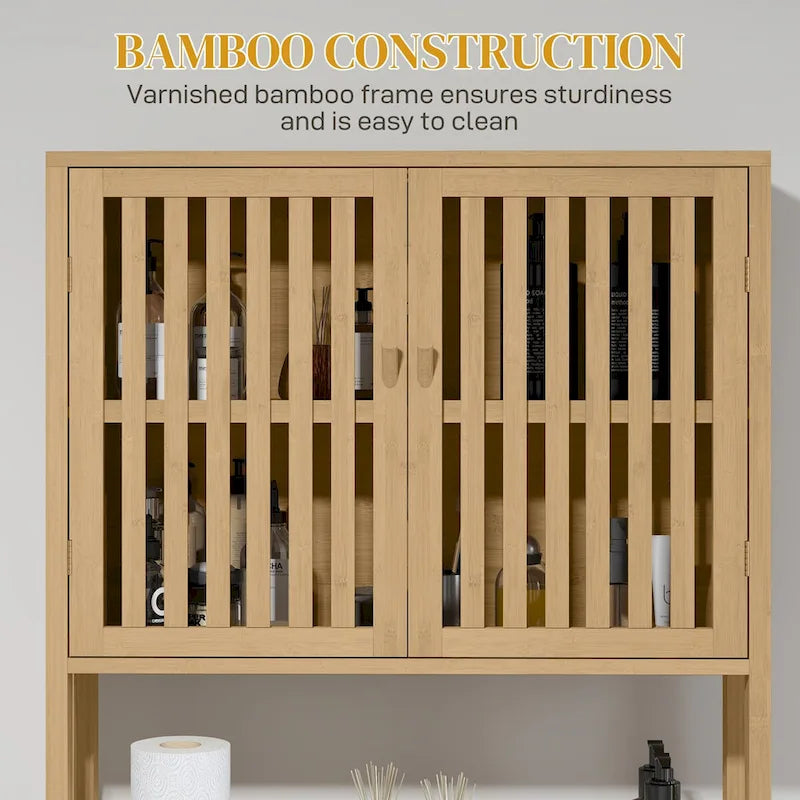 HOMCOM Bamboo Over the Toilet Storage Cabinet, Over Toilet Bathroom Organizer with Slatted Doors, Adjustable Shelf