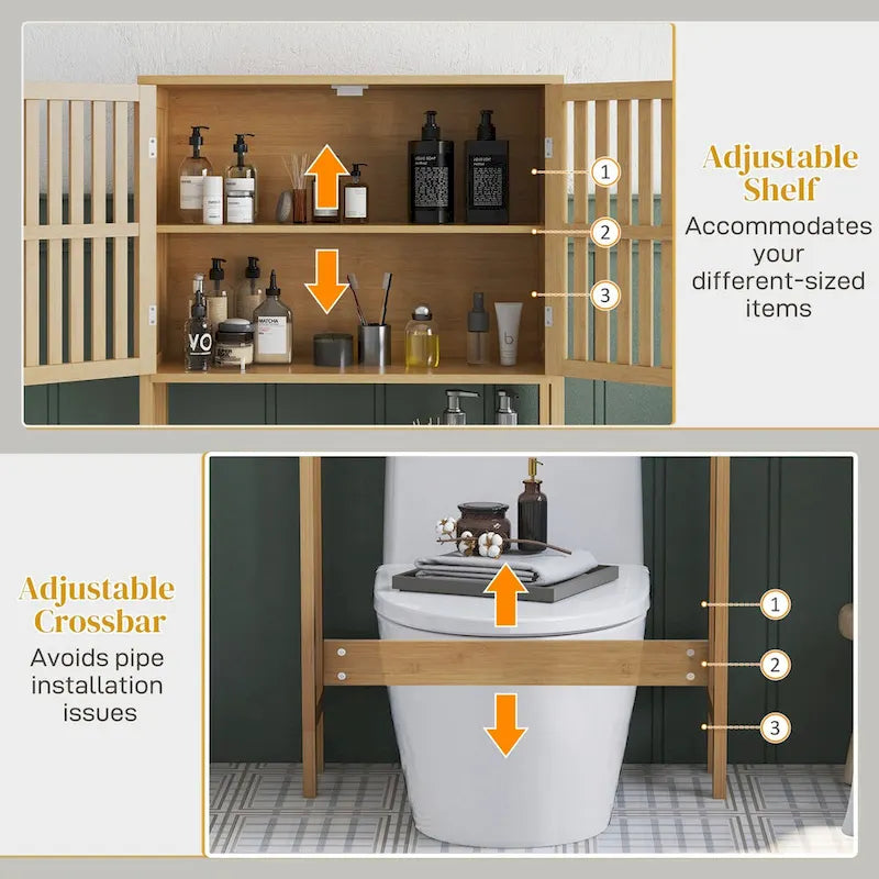 HOMCOM Bamboo Over the Toilet Storage Cabinet, Over Toilet Bathroom Organizer with Slatted Doors, Adjustable Shelf