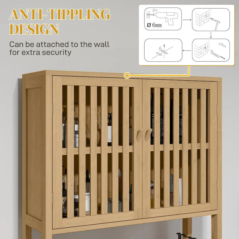 HOMCOM Bamboo Over the Toilet Storage Cabinet, Over Toilet Bathroom Organizer with Slatted Doors, Adjustable Shelf