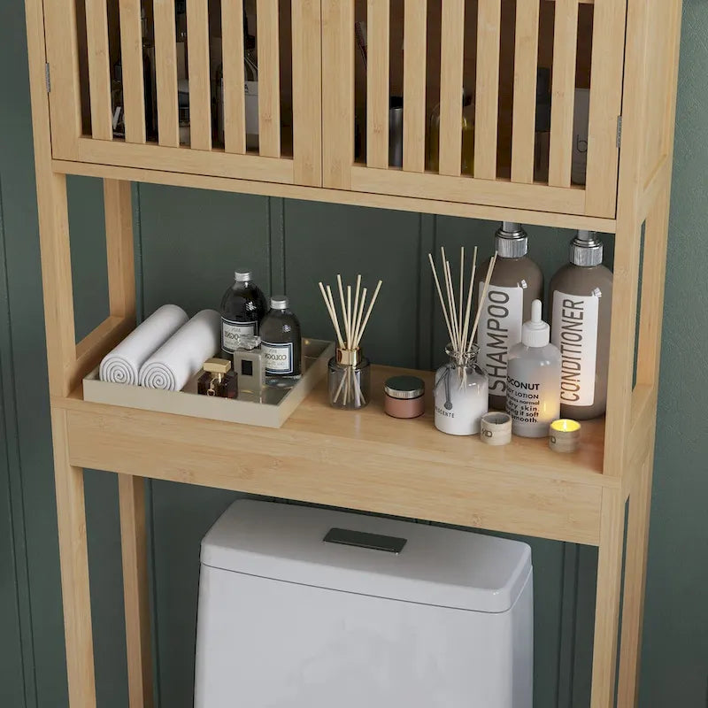 HOMCOM Bamboo Over the Toilet Storage Cabinet, Over Toilet Bathroom Organizer with Slatted Doors, Adjustable Shelf